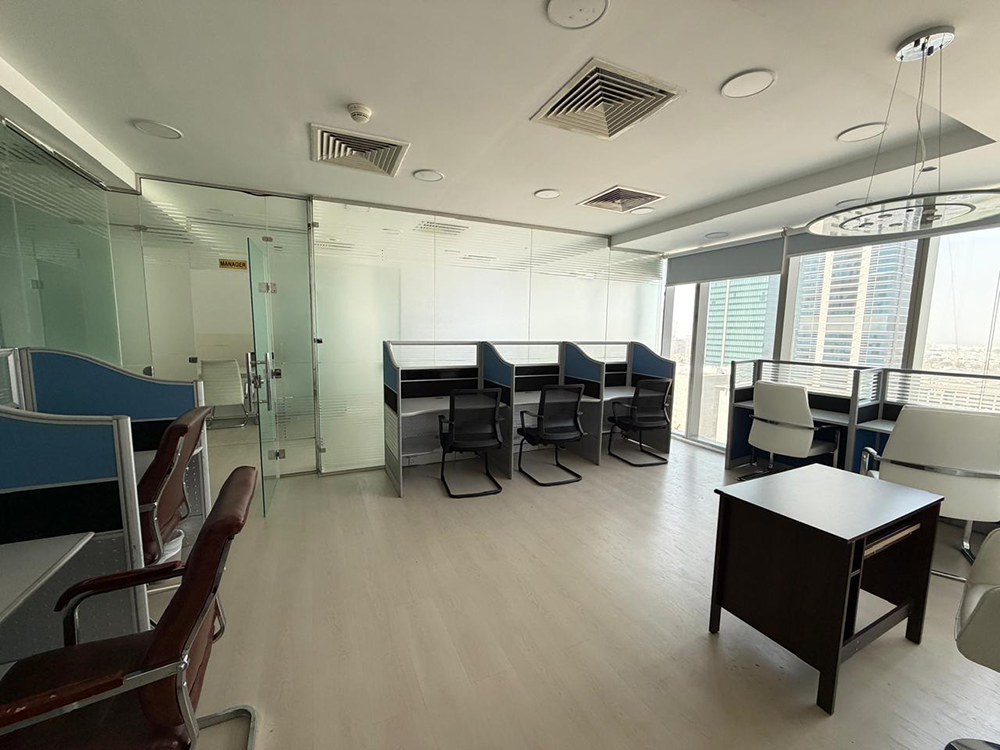 Fully furnished office space with glass partitions for rent in The Prism, Business Bay