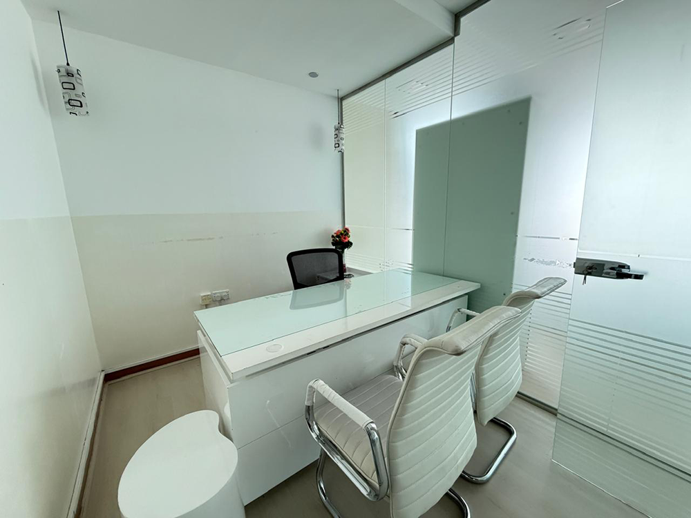 Fully furnished office space with glass partitions for rent in The Prism, Business Bay