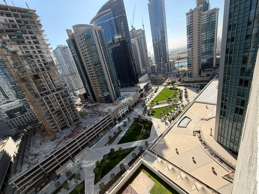 Private balcony with city skyline view