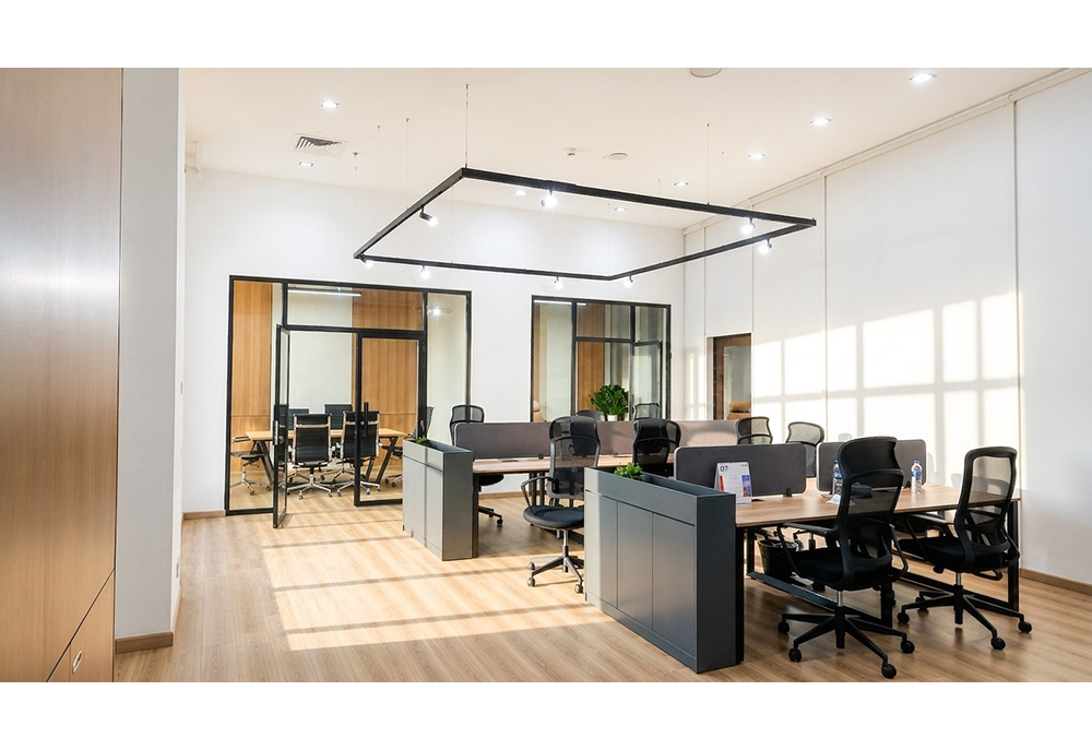 Private manager cabin with desk and chairs